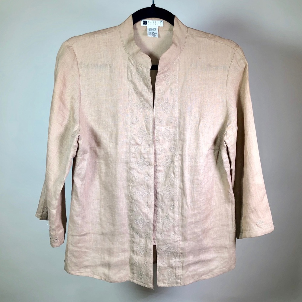 Carole Little Tan Linen Nehru Embroidered Jacket